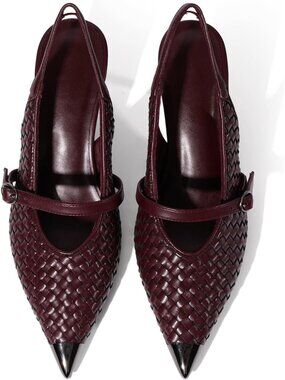 Women's Burgundy Slingback Stiletto Heels Closed Pointed Toe Buckle Strap Shoes